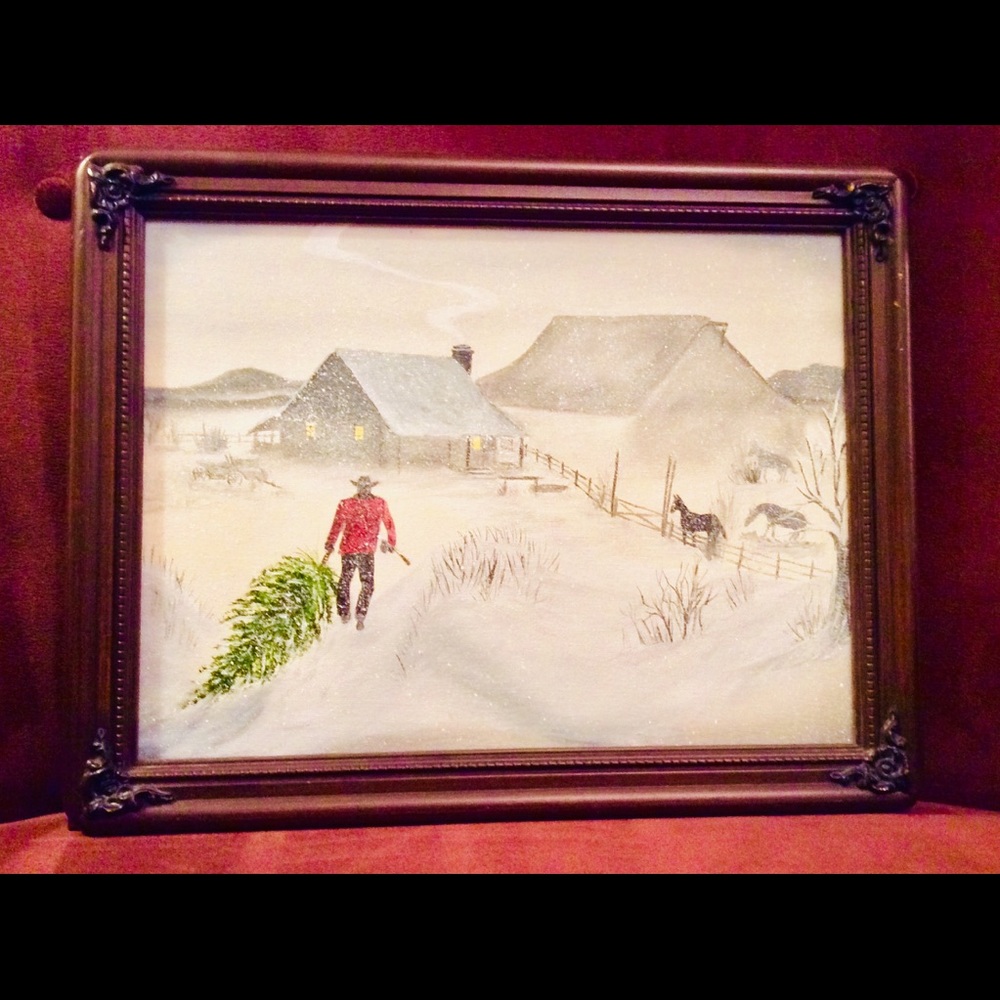 Cowboy carrying a Christmas tree oil on canvas